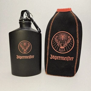 Jagermeister Black Pocket Flask-Screw on Cap Logo Neoprene Zip Up Bottle Koozie - Picture 1 of 11