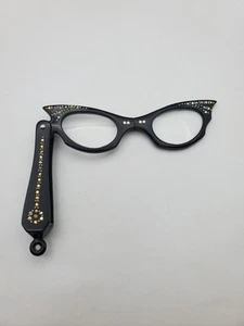 Vtg Folding Lorgnette Opera Glasses  Cat Eye Rhinestones Black Aurora Borealis - Picture 1 of 9