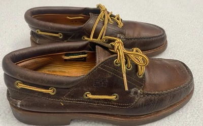 正品 Timberland 3 Eye Lug 手工缝制船鞋棕色皮革男式 10 B18 — 第 1/4 张图片
