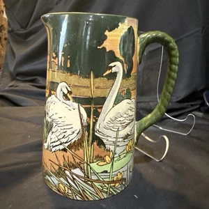 royal doulton england Large Early 1900s Swans In Marsh Rope Handle Pitcher 7 1/2 - Picture 1 of 16