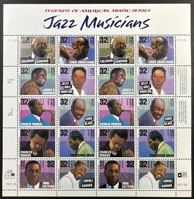 US Stamps Scott #2992a, Jazz Musicians, Full Sheet of 20 Stamps, MNH, Very Fine - Image 1 of 3