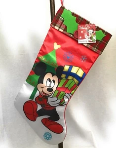 Disney Mickey Mouse Christmas Stocking HOLIDAY DECORATION Red Green Satin Felt - Bild 1 von 4