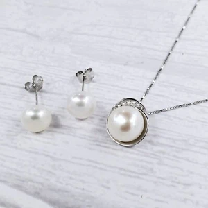 Pearl 925 Silver Prom Jewellery Set Wedding Sets for Bride Necklace Earrings UK - Picture 1 of 9