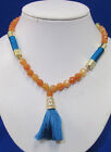 Pendant Necklace Caramel Glass Beads Turquoise Thread & Tassel Pendant NOS
