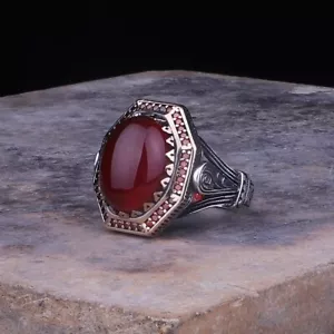 925 Sterling Silver Men's Ring with Agate Stone - Picture 1 of 3