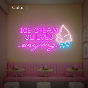 Ice Cream Solves Everything Neon Sign, Ice Cream Bar Sign, Food Shop Neon Art - Picture 1 of 5