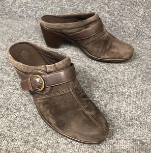Clarks Bendables Brown Suede Round Toe Buckle Strap Wedge Mule Clog Womens Sz 9M - Picture 1 of 8