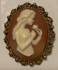 Vintage Large Gold Tone Metal Shell Cameo Brooch Pin 2? Girl With Flower