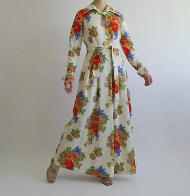 70 年代奶油色和彩色花卉印花迪斯科长袖超长连衣裙带流苏腰带 — 第 1/4 张图片