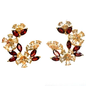 Nicht Erhitzt Edelstein Red Garnet & Goldener Gelb Citrin Ohrringe 925 Silber - Bild 1 von 4