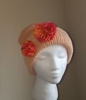 Handmade Knitted Beanie Hat Peach with Red Yellow & Pink Flowers