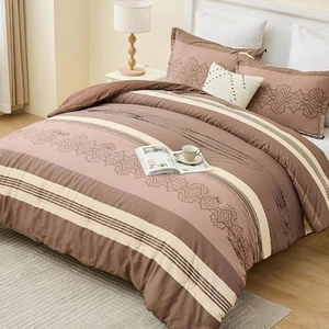 Brown Queen Comforter Set (90"w x 90"l), Beige Striped - Picture 1 of 6