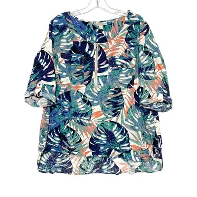Dana Buchman Palm Tree Tropical Zip Front Blue Blouse Shirt Women XL Linen Blend - Image 1 of 4
