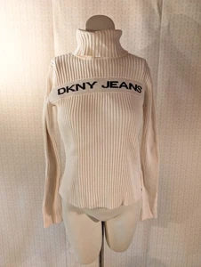 Vintage DKNY Sweater S Fitted Ribbed Spell Out Logo Turtleneck 90s Y2K Preppy - Picture 1 of 17