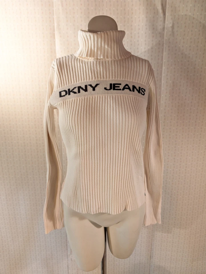 Vintage DKNY Sweater S Fitted Ribbed Spell Out Logo Turtleneck 90s Y2K Preppy - Image 1 of 4