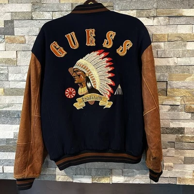 Guess Vintage 1990s Blue Wool Brown Leather Varsity Indian Head Aztec Jacket M - Image 1 of 4
