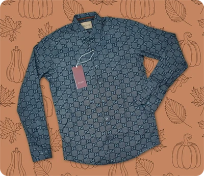 Azul GG Logo Estampado Abotonado Para Hombre Gucci Talla L Pit to Pit 22.4" Calce Ajustado Foto 1 de 4