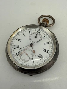 ANTIQUE SILVER CASED THE ASCOT PATENT CHRONOGRAPH POCKET WATCH - WORKING - Picture 1 of 19