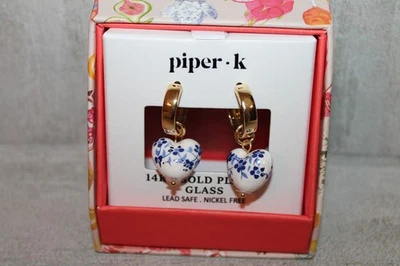 Piper K 14K Gold Plated White & Blue Puffy Glass Heart Dangle Pierced Earrings - Image 1 of 3
