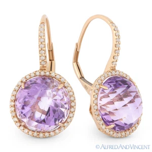 12.57 ct Pink Amethyst & Diamond Halo Leverback Dangling Earrings 14k Rose Gold - Picture 1 of 1