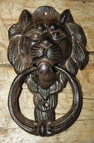 Large Cast Iron Antique Style Rustic LION HEAD Door Knocker Brown Finish Cover