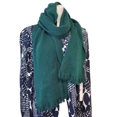 NWT Calvin Klein Lightweight Soft Forest Green Scarf Fringe 80"x14" Silver Logo - Image 1 of 4