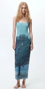 Zara Rene Magritte Mesh Maxi Midi Dress Nature Print Sleeves Tulle Lined Medium - Picture 1 of 9