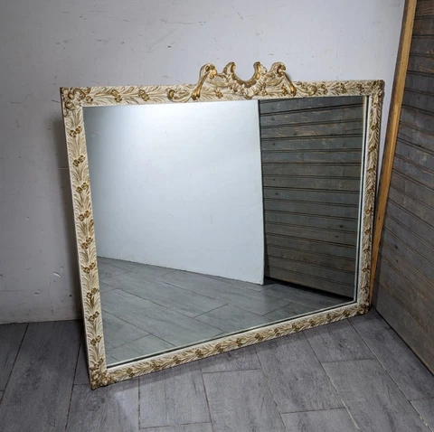 Antique French Provincial Shabby Cream Carved Wood Floral Wall Mirror Victorian Cover