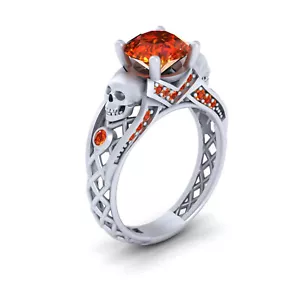 Sólido 10k Oro Blanco Calavera Alianza Sintético Naranja Zafiro Anillo Geeky - Imagen 1 de 6