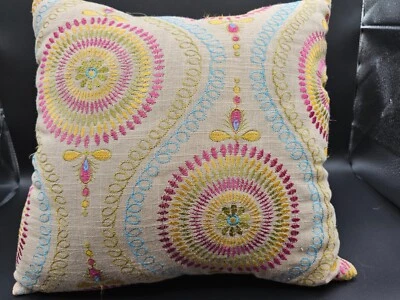 Bohemian Mandala spiral pattern embroidered multicolor linen pillows set of 2 - Image 1 of 4