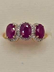 14K Yellow Gold, Ruby and Diamond, Halo Trilogy Ring Valued $7490 Size M1/2 - Picture 1 of 13