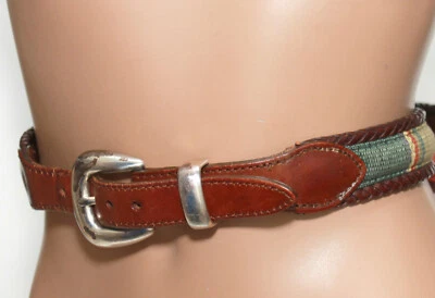 Southwestern Laced Brown Leather & Multicolor Fabric Belt - Size M - 41" long - Image 1 of 4