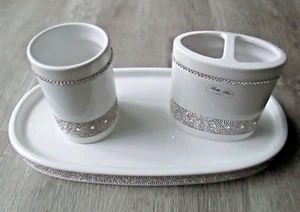 BELLA LUX CRYSTAL RHINESTONES CERAMIC BATHROOM VANITY TRAY/TOOTHBRUSH HOLDER/CUP - Picture 1 of 12
