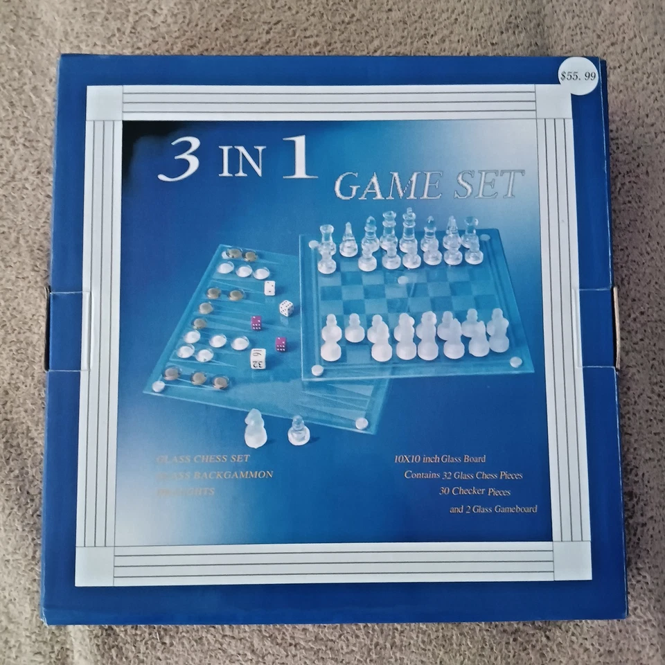Glass 3 in 1 Game Boards Set Chess Backgammon Checkers Draughts Dice Counter