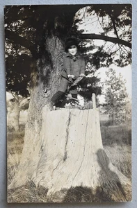 Nicely Dressed Child Standing Big Tree Stump RPPC Real Photo Postcard Circa 1915 - Picture 1 of 3