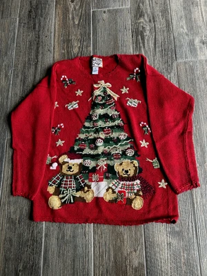 Suéter Árbol de Navidad Bordado Reliquia Coleccionables - Cuentas y Oso Rojo Med Foto 1 de 4