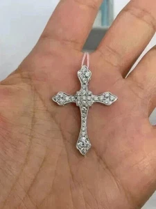 1Ct Round Cut Lab-Created Diamond Cross Pendant 14K White Gold Plated for Women - Picture 1 of 3
