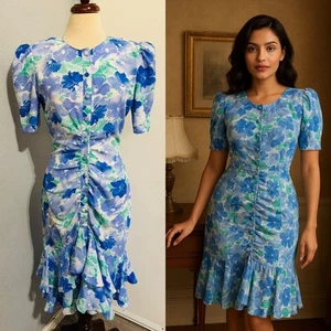 Vintgae 80s Jonathan Martin Floral Ruched Button Front Ruffle Hem Dress Sz M 7/8 - Picture 1 of 18