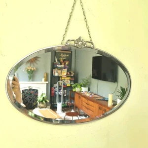 Vintage Art Nouveau Styl Wall Mirror Oval Bevelled Edge Metal Crest Chrome Frame - Picture 1 of 7