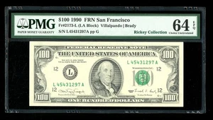 DBR 1990 $100 FRN San Francisco Fr. 2173-L PMG 64 EPQ Serial L45431297A - Picture 1 of 2