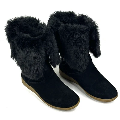 LANDS' END Mendota Black Suede Faux Fur Snow Boots Womens Size 7B Pull-On 420483 - Image 1 of 4