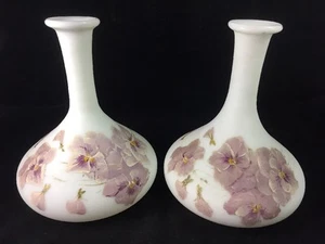 Pair of Victorian Antique Satin Glass Vases Hand Painted Pansies-  Artist Signed - Picture 1 of 12