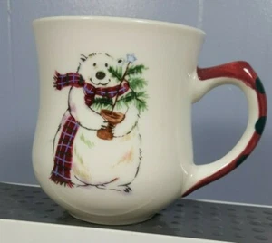 Pfaltzgraff Winter Holiday Polar Bear Cup Mug 14 oz Wearing Scarf Holding Tree - Imagen 1 de 8