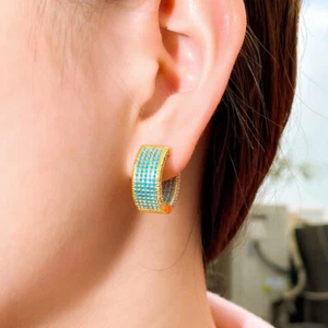 Gold Plated Blue Turquoise Wide Hoop Earrings Women Cubic Zirconia Party Jewelry - Picture 1 of 17