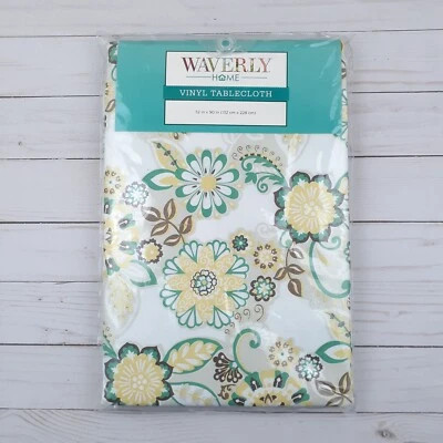 Waverly Vinyl Tablecloth Floral Flowers 52x90 Green Yellow - Image 1 of 2