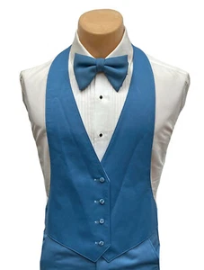 Men's Blue Vintage Tuxedo Vest & Bow Tie Reversible 1970's Prom Wedding Small - Picture 1 of 5
