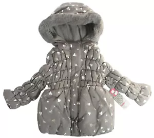 Kensie Baby Girls 24M Heart Foil Printed Jacket Gray Metallic Winter Puffer - Picture 1 of 7