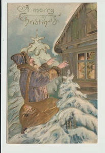 POSTKARTE ALTE WELT WEIHNACHTSMANN IN BLAUEM KLEID - GEPRÄGT - Bild 1 von 2