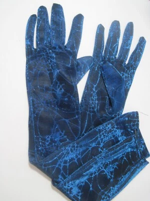 Fun World 长 Oprea 手套 金属蓝色蜘蛛网图案 全新 — 第 1/4 张图片