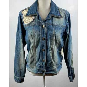 Gordon James Blue Jean Jacket with knitted Patch Work Womens Size L  - Picture 1 of 9